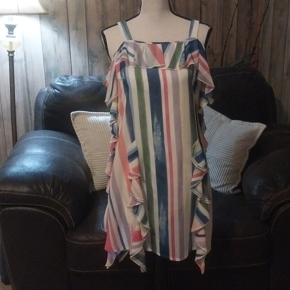 Girl's Striped Multcolor Ruffled Dress With Tassel Belt Size 16